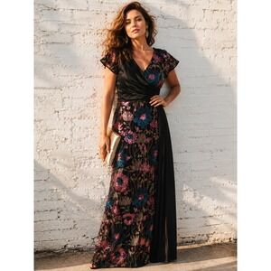 Curveins Black Sequin Floral Maxi Dress Faux Wrap Evening Gown XL NWT